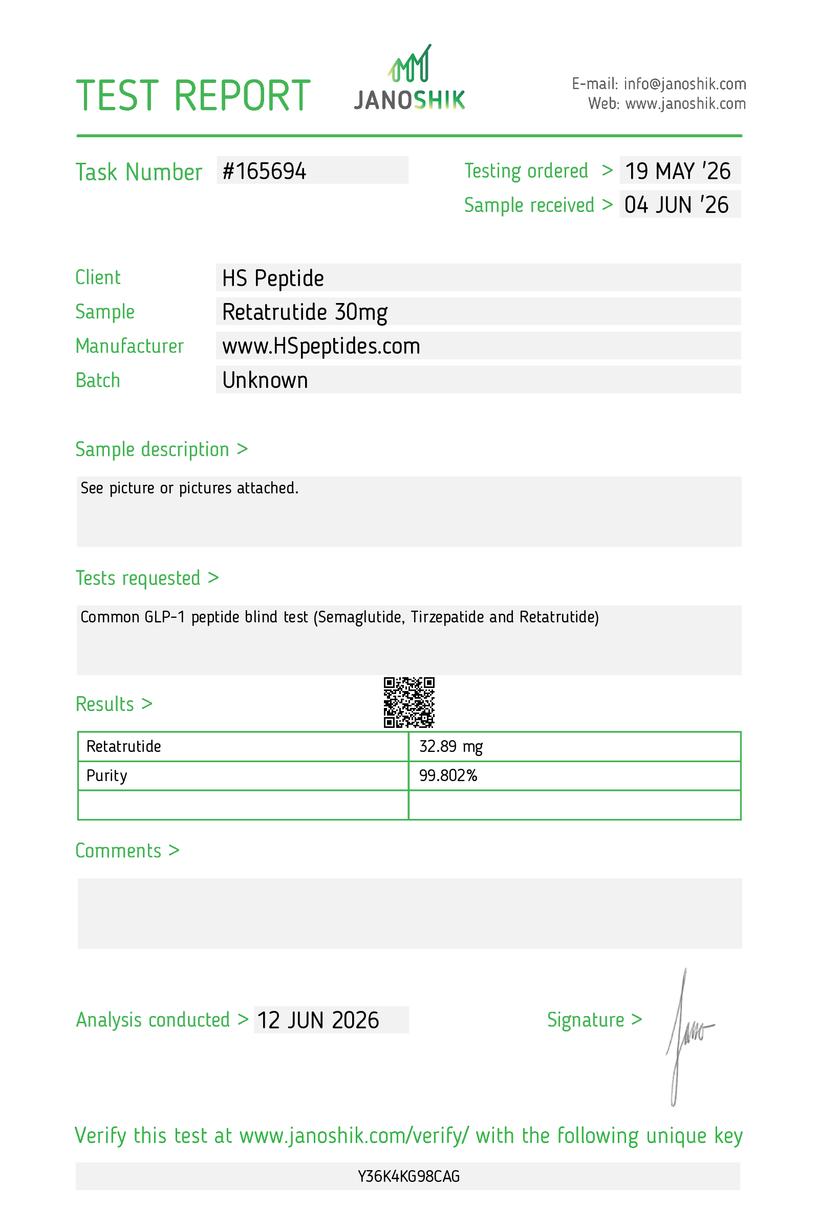 A real Certificate of Analysis from Janoshik: Retatrutide 30mg, measured 32.89mg, HPLC purity 99.802%, task number 165694, with a unique verification key.